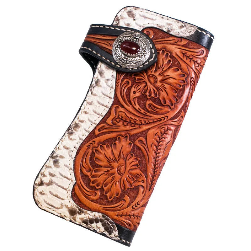 Mens long cow leather wallet with plant flower pattern and buckle closure, 20 x 10 x 2.5 cm, genuine leather lining