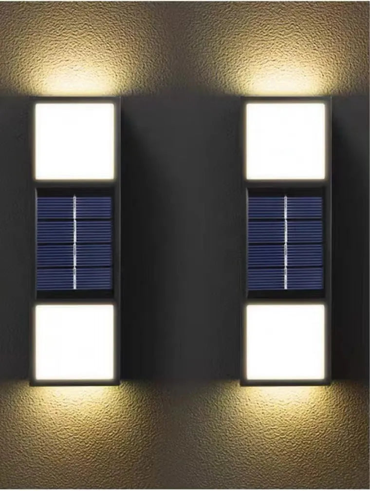 Solar outdoor wall lamp waterproof with bidirectional sensor, ABS housing, 63x120x30mm dimensions, warm white light