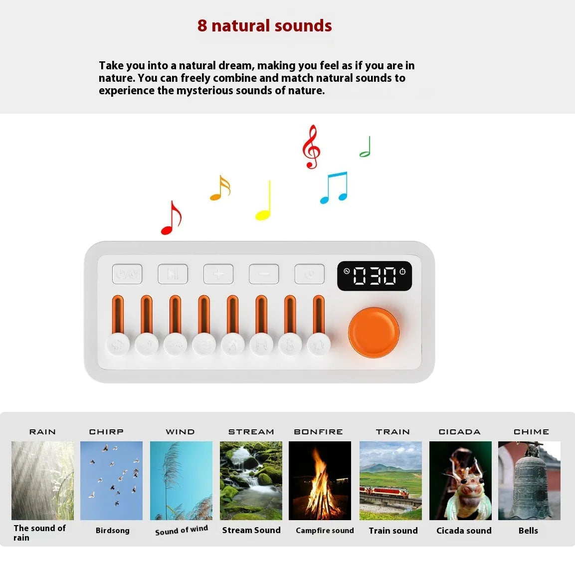 White noise sleep sound machine with Bluetooth speaker, RGB night light, and digital display, 180x73x80mm