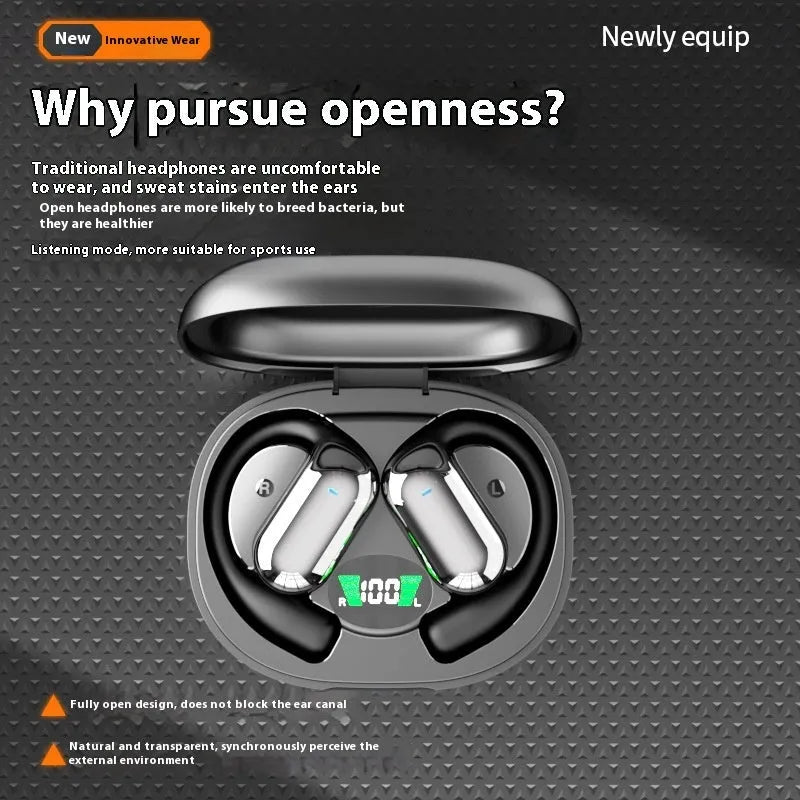 Q16S Black sports ear hook Bluetooth headset with digital display, side view of ear hook design