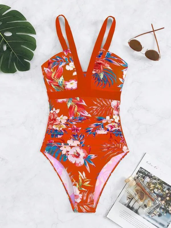 Women's floral backless one-piece swimsuit in multiple colours with high elasticity spandex lining