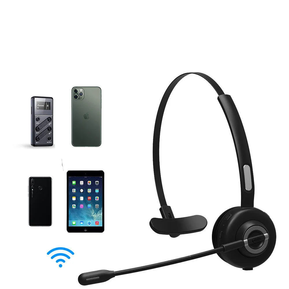 M97 Bluetooth headset in plastic with noise reduction chip, charging base, and data cable