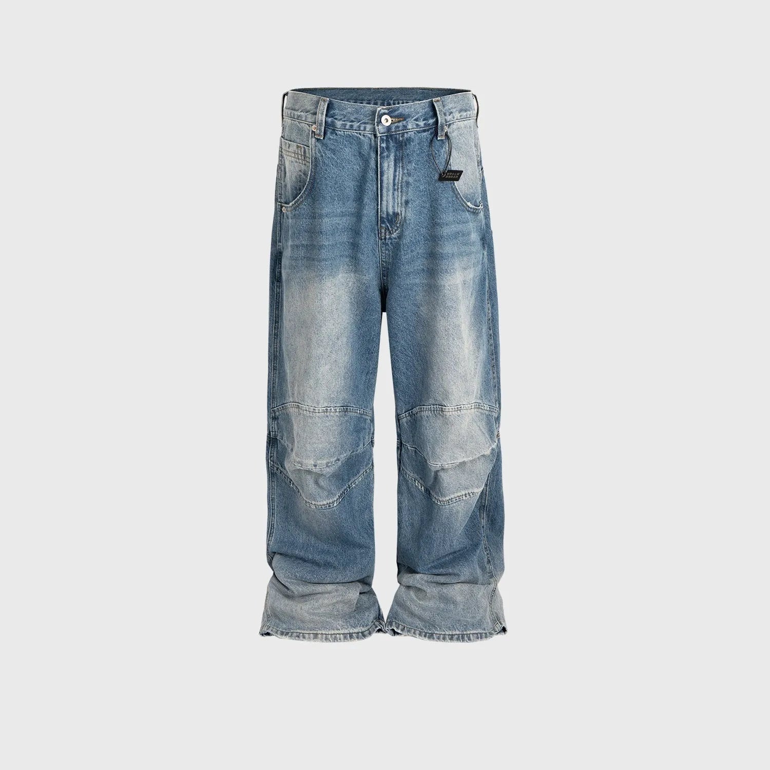 Men's washed white blue baggy jeans with pleated detailing and straight-leg style