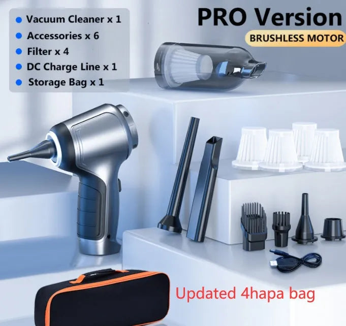 Car mounted brushless handheld inflatable vacuum cleaner with charging base and EVA bag