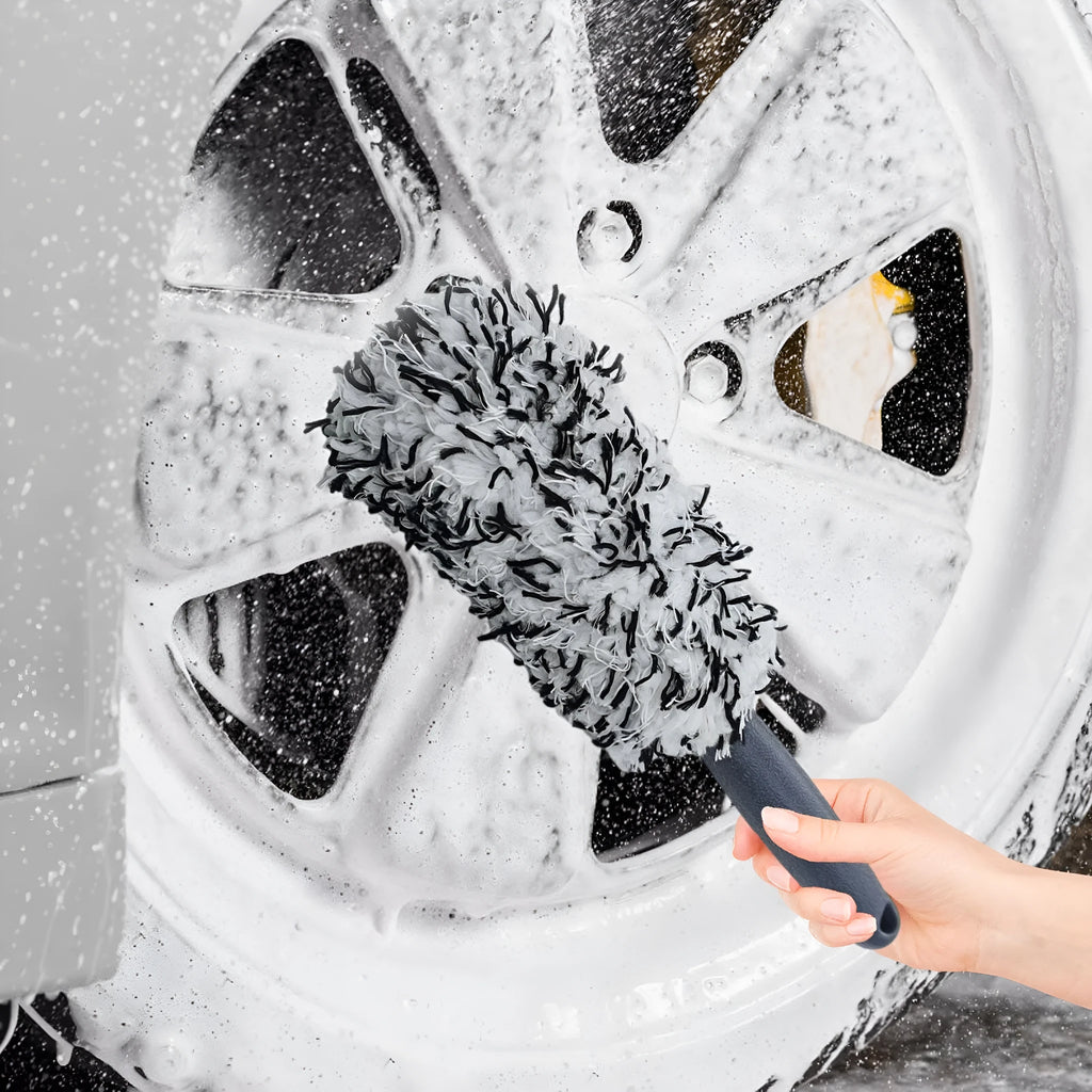 Long handled car wheel wash brush with ultra-fine fibre bristles in blue, black, and red colour options