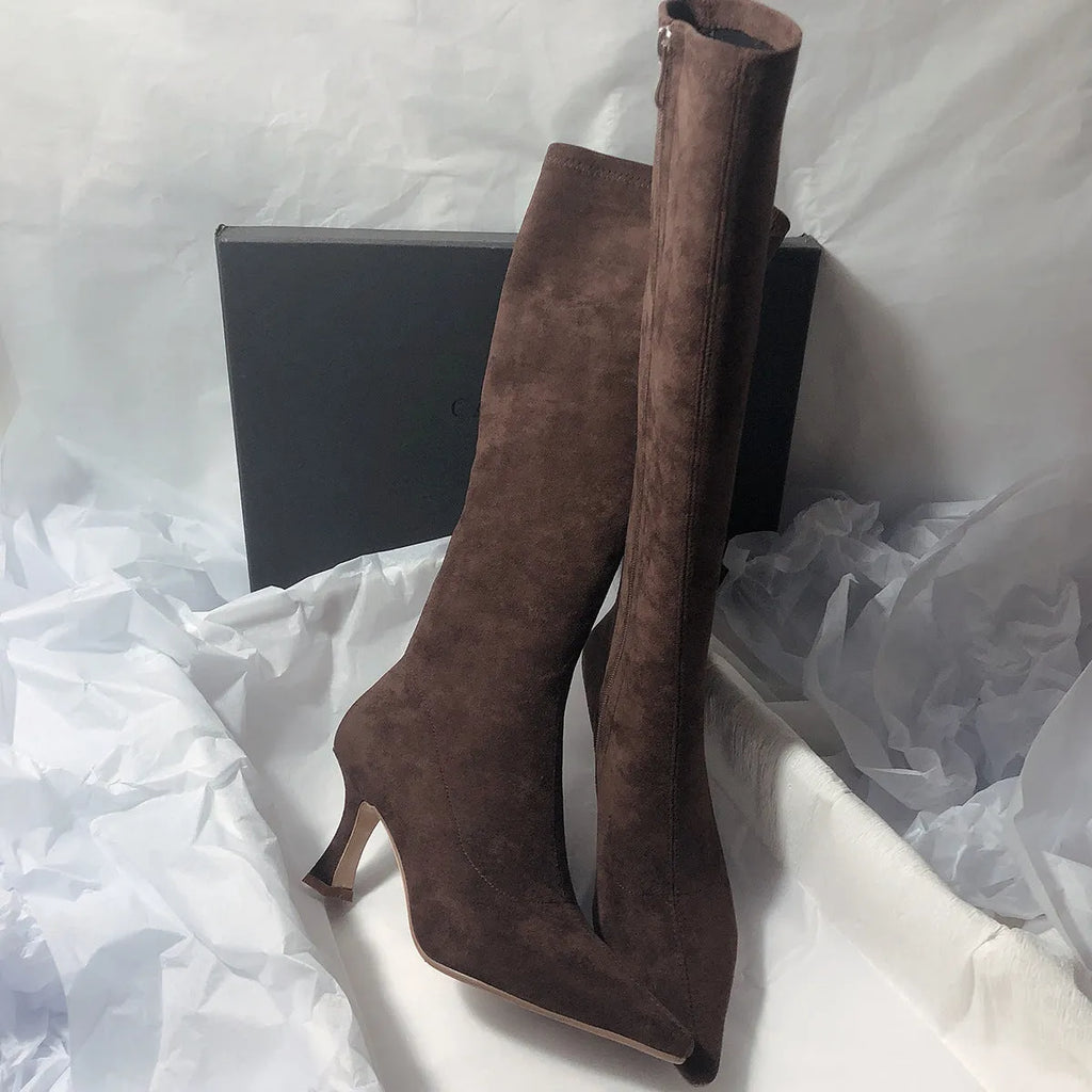 Women's black suede side zip high heel boots with pointed toe and 6-8cm heel