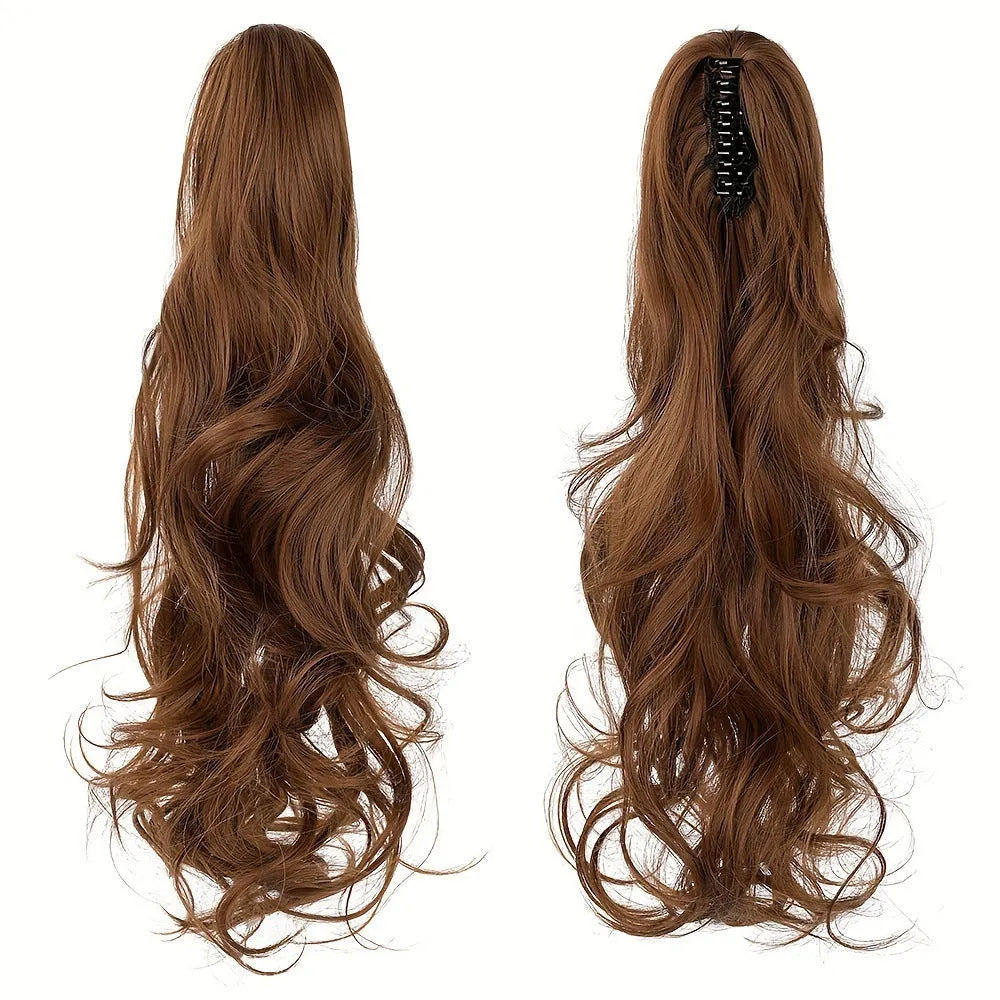 Curly high ponytail wig with big hair claw in black, 50 cm long synthetic fibre