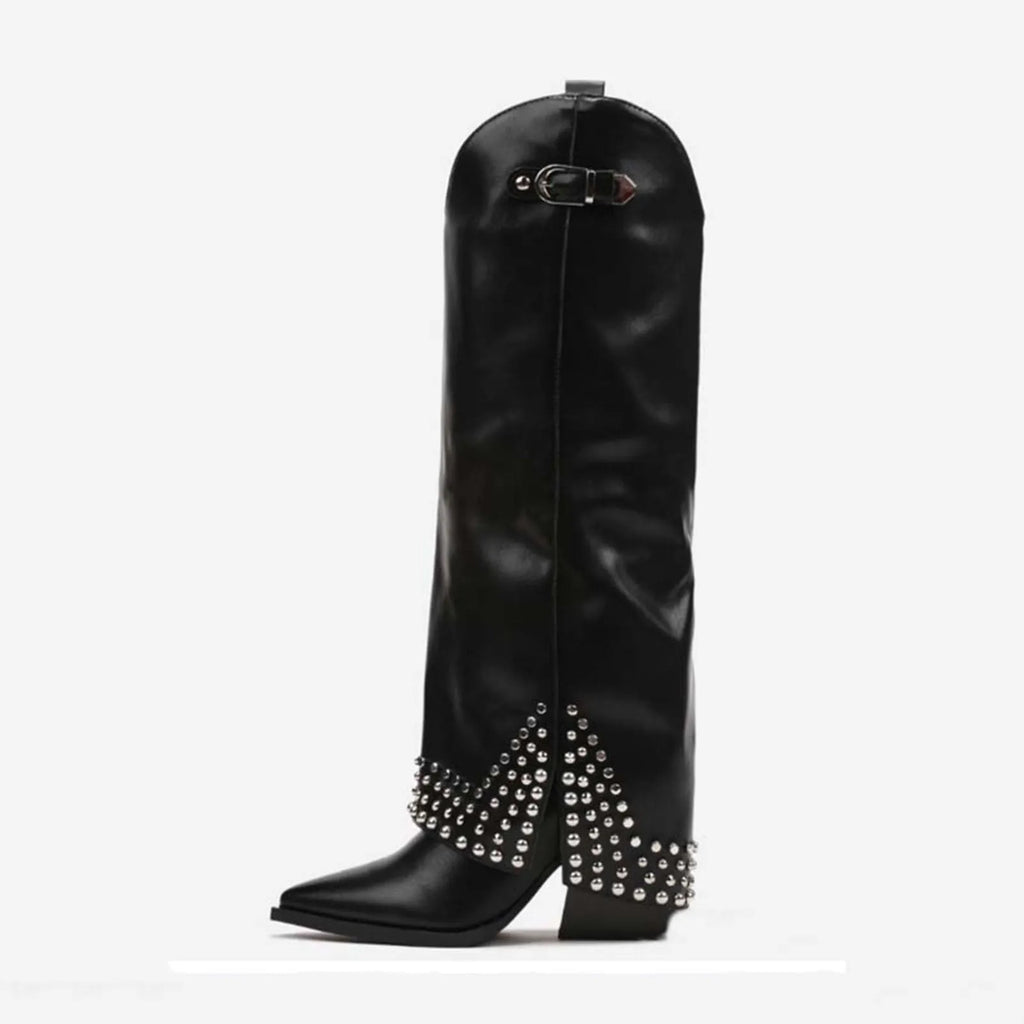 Women's black frosted rivet pantyhose boots with a suede leather upper and rubber sole.