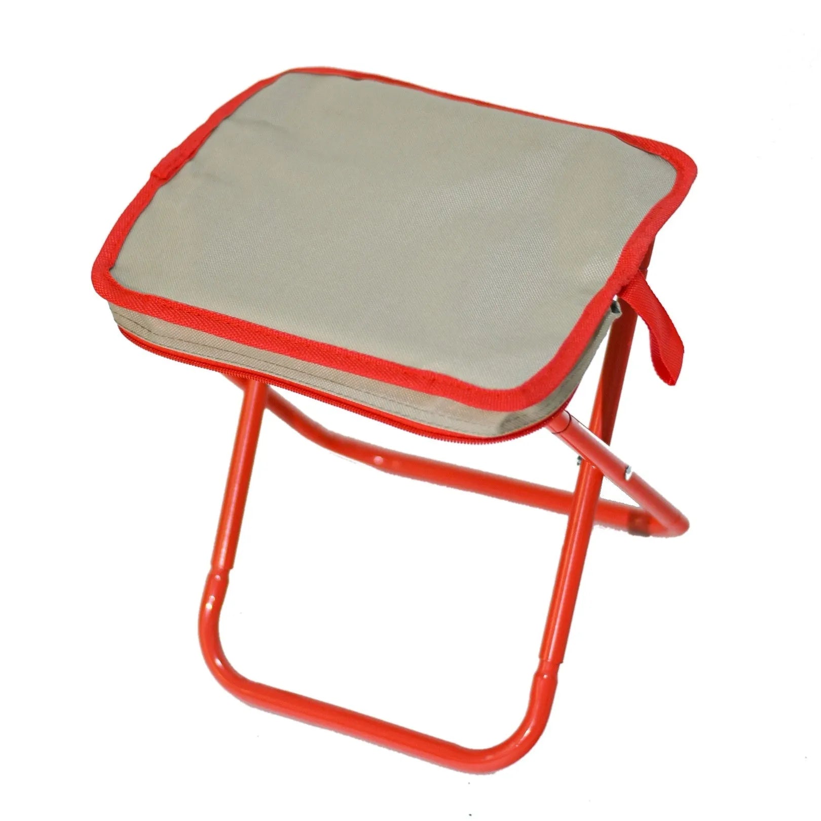 Lightweight foldable camp stool in khaki colour, shown folded flat in pencil box style.