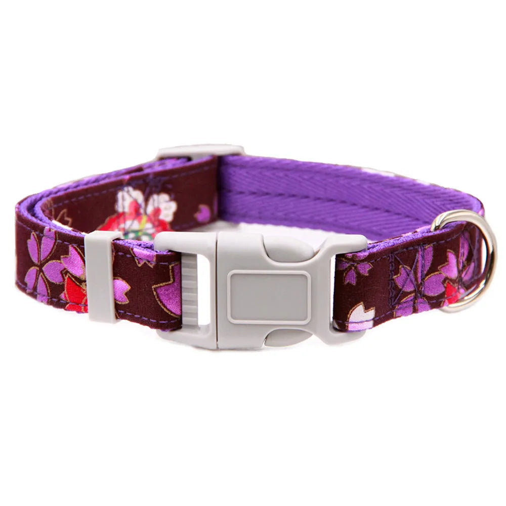 Adjustable floral polyester dog collar with ribbon detail and optional bow tie in pink, red, blue or purple, sizes XS to L