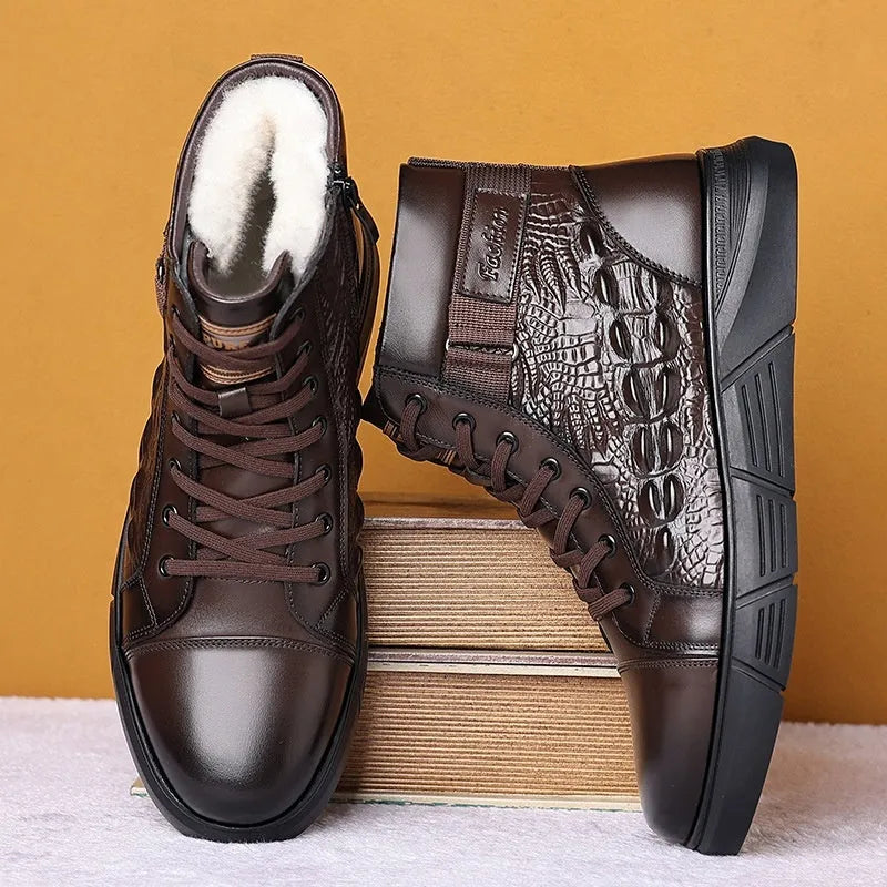 Men's genuine leather snow boots with fur lining, round toe design, and front lace-up closure in black or brown with velvet detailing