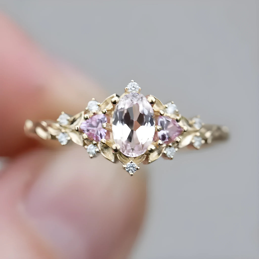 Women's alloy flower ring with inlaid zircon in gold pink diamond colour on white background