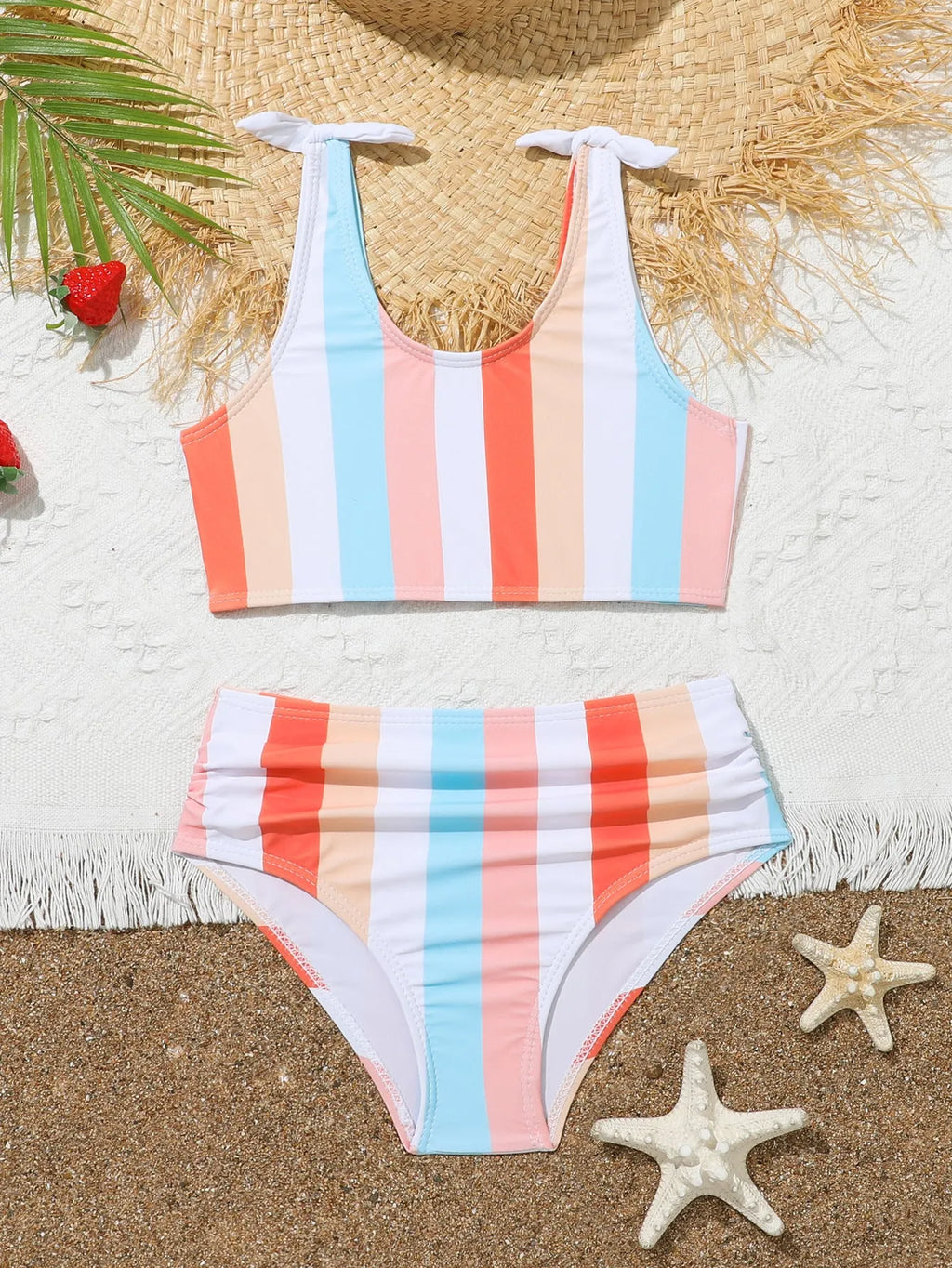Girls' plaid pattern swimsuit briefs with separate bra and panties components