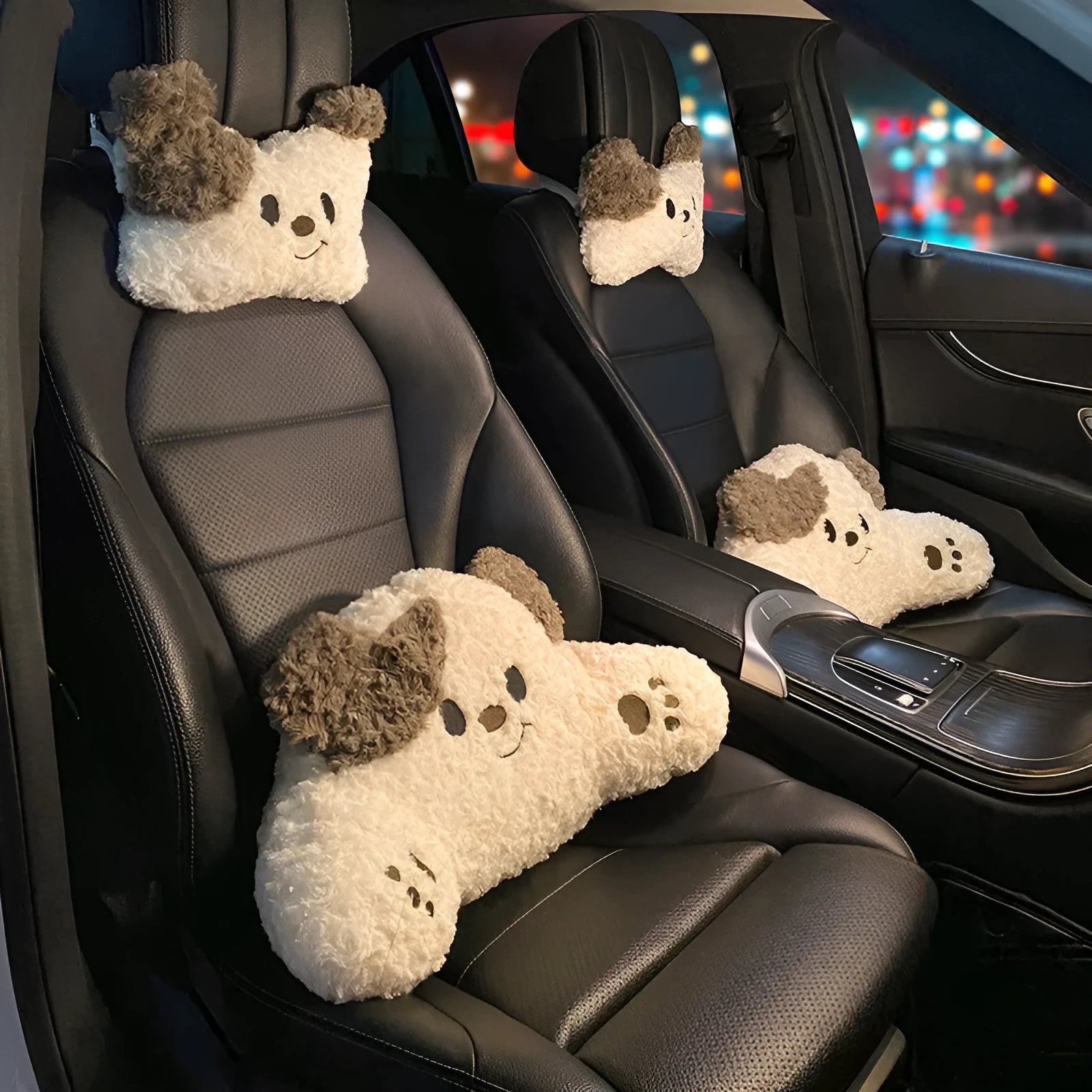 Puppy plush car headrest cushion and matching lumbar support pillow on a car seat.