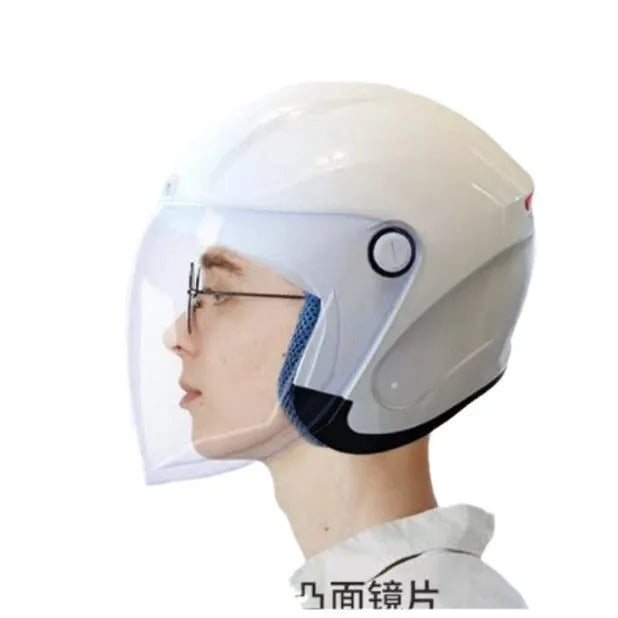 Black and white smart motorcycle half helmet with AI voice and Bluetooth features.