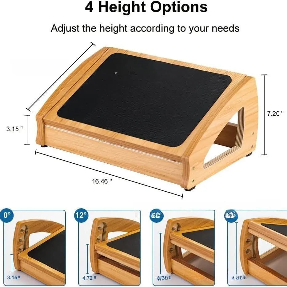 Wooden adjustable bamboo office desk footstool in natural wood colour.