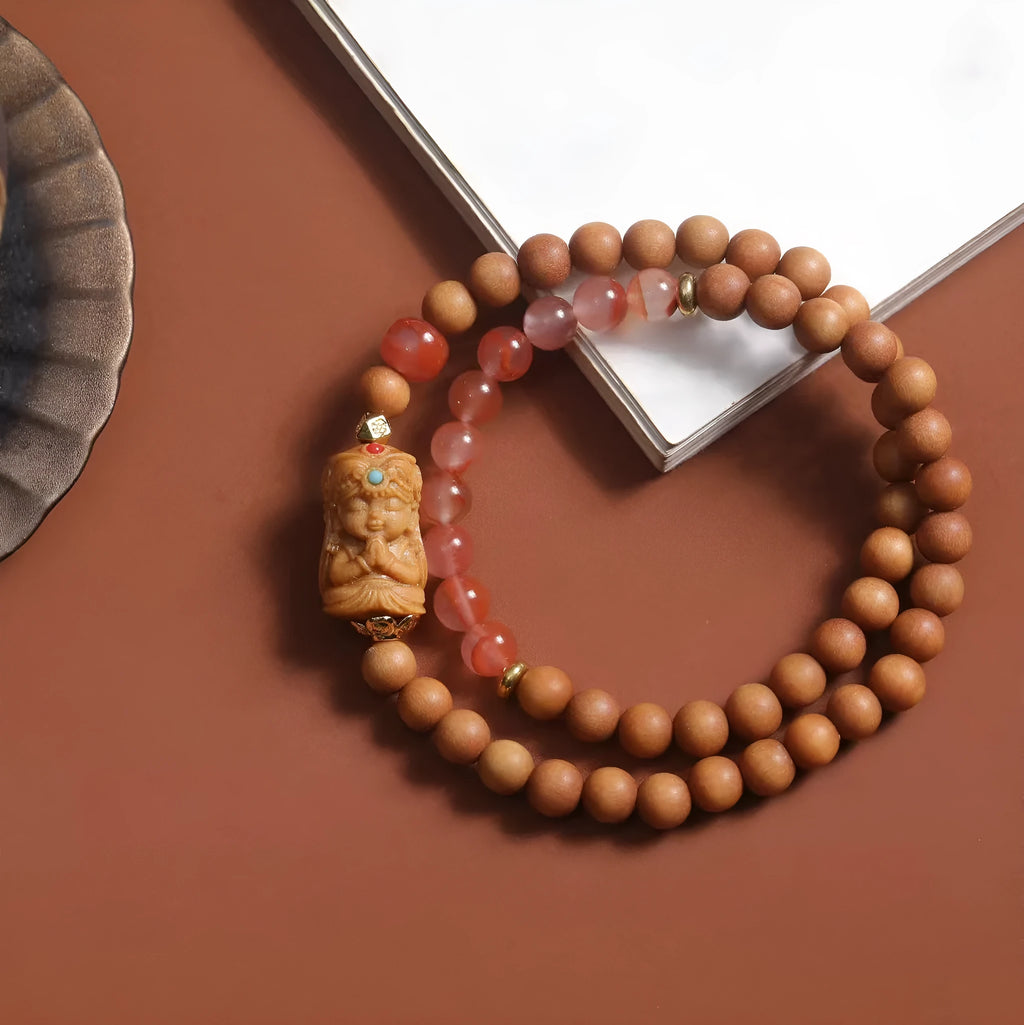 Brown wooden bracelet with double circle design featuring 6mm round beads in traditional weaving style