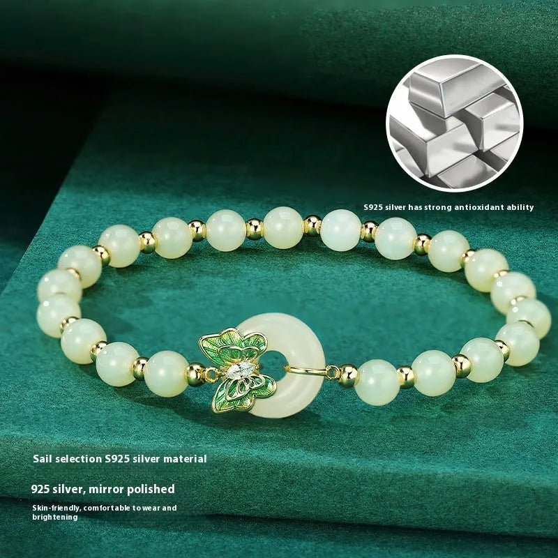 Cyan Hetian jade bracelet with sterling silver butterfly inlay, 6mm diameter