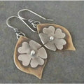 Gold electroplated alloy earrings with retro leaf, stitching and flower design, 5.3cm x 2.3cm, one pair