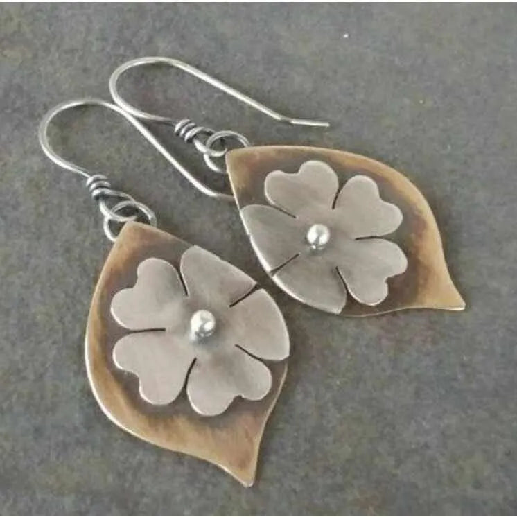 Gold electroplated alloy earrings with retro leaf, stitching and flower design, 5.3cm x 2.3cm, one pair