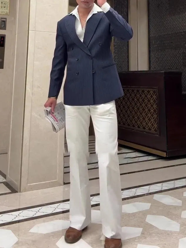 Men's classic stripe double breasted blazer jacket with regular fit and polyester construction