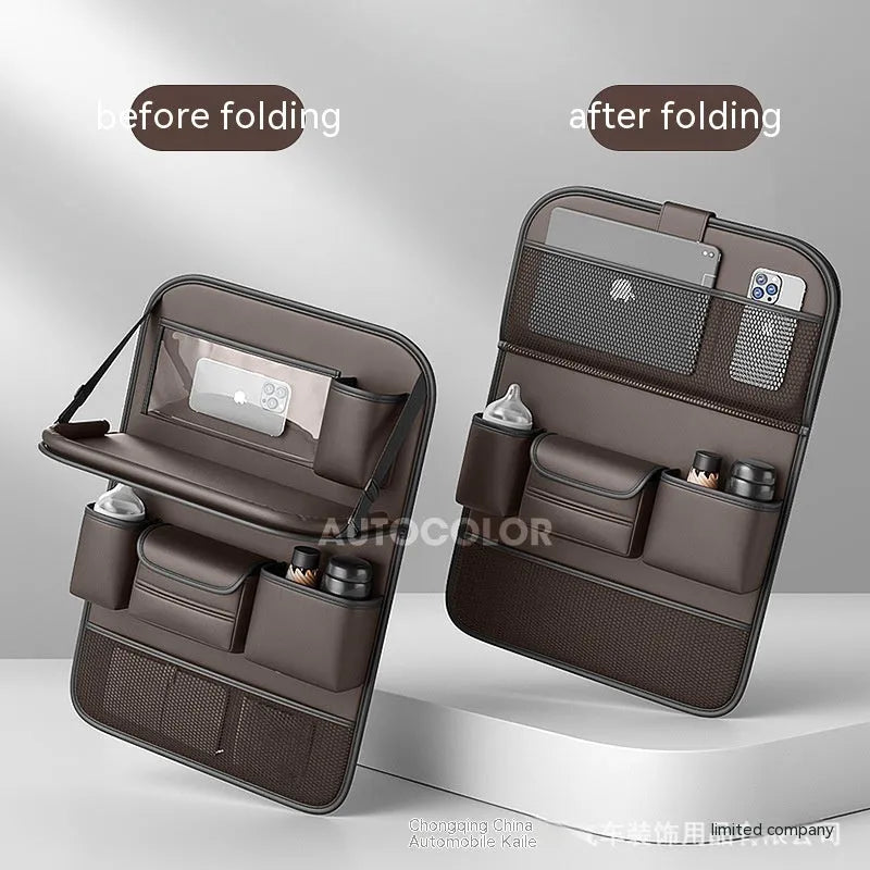 Genuine leather car seat organiser bag with a fold-out table in black, brown, grey, or green.