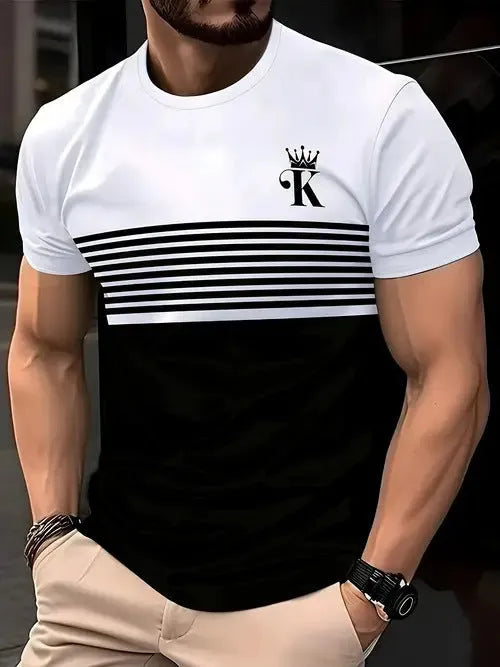 Man wearing a loose fit grey short sleeve polyester T-shirt on a casual summer day.