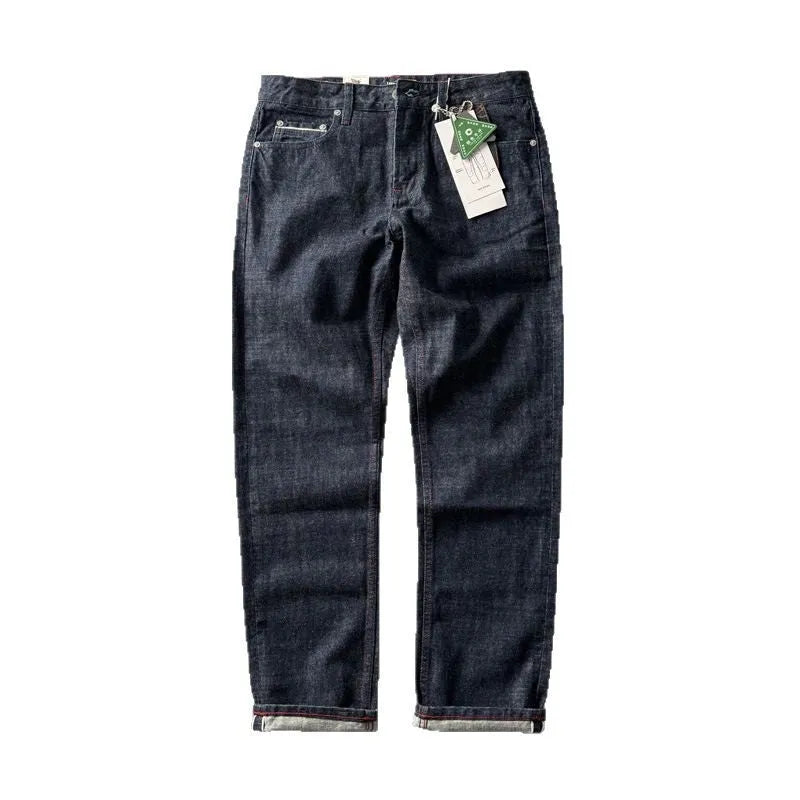 Men's straight leg American retro jeans in primary colour, showing mid-waist fit on a size chart.