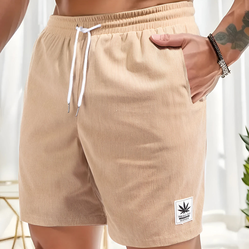 Men's grey drawstring summer shorts with elastic fabric on a mannequin