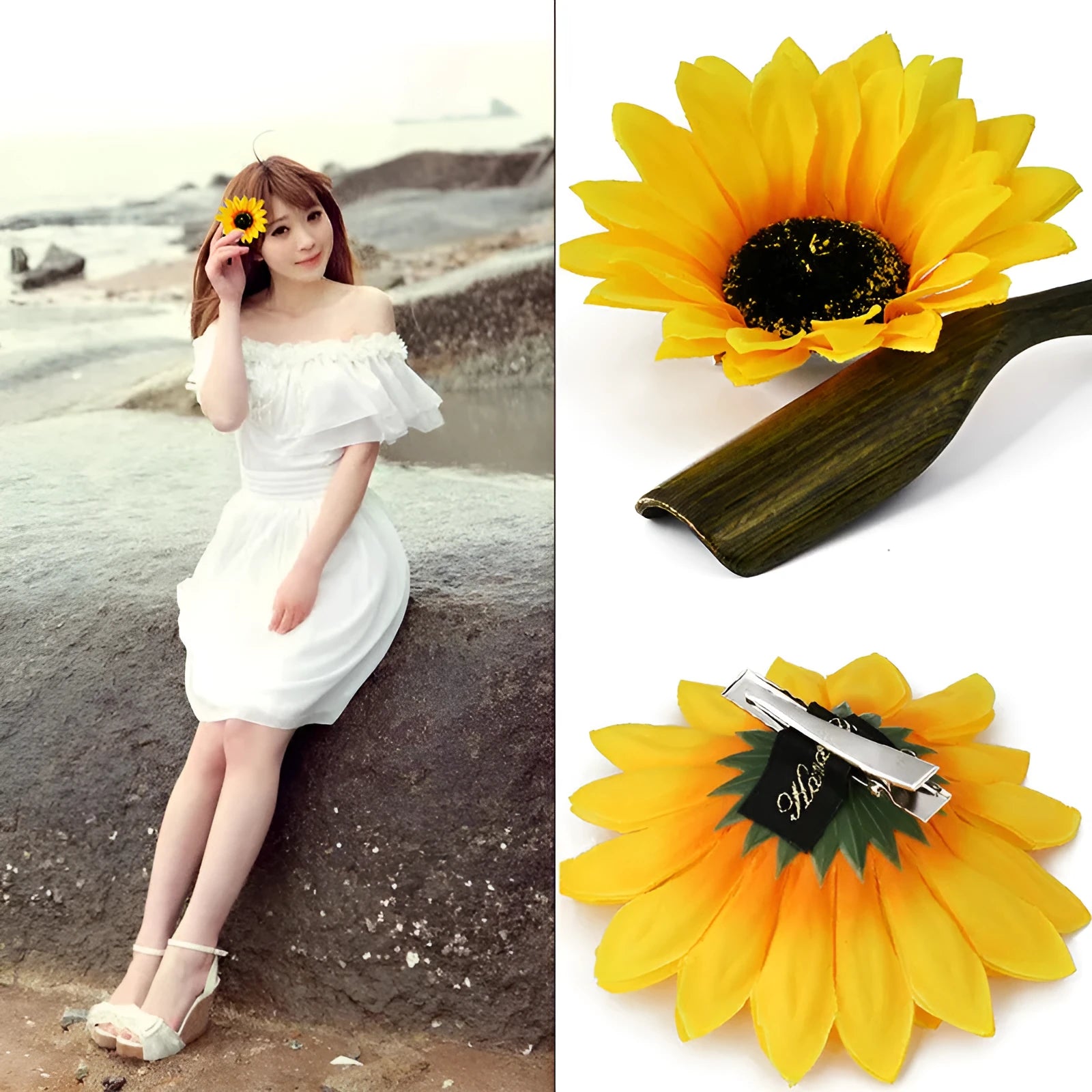 Fashion SUNFLOWER barrette in sunflower colour made of nylon with manual processing for girls seaside vacation hair accessory