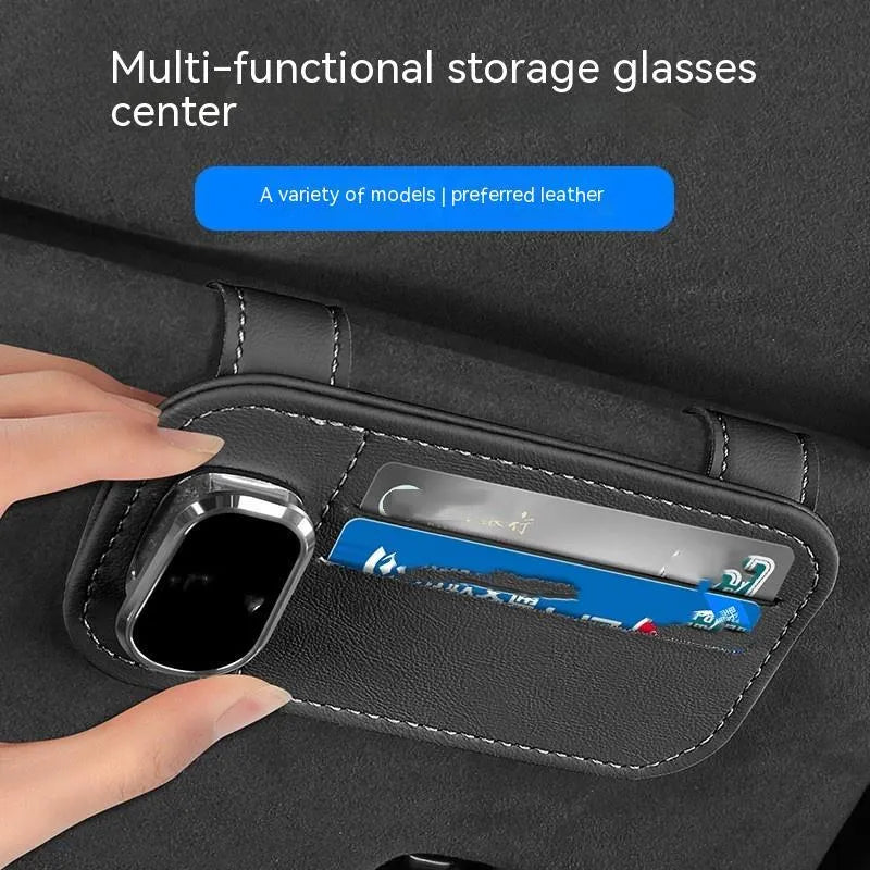 Leather automotive sun visor card holder with integrated glasses clip in five colour options