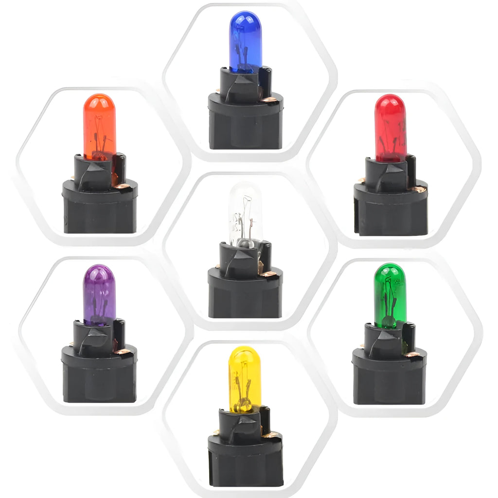 T5 12V 1.2W car dashboard indicator light bulb in multiple colours on white background.