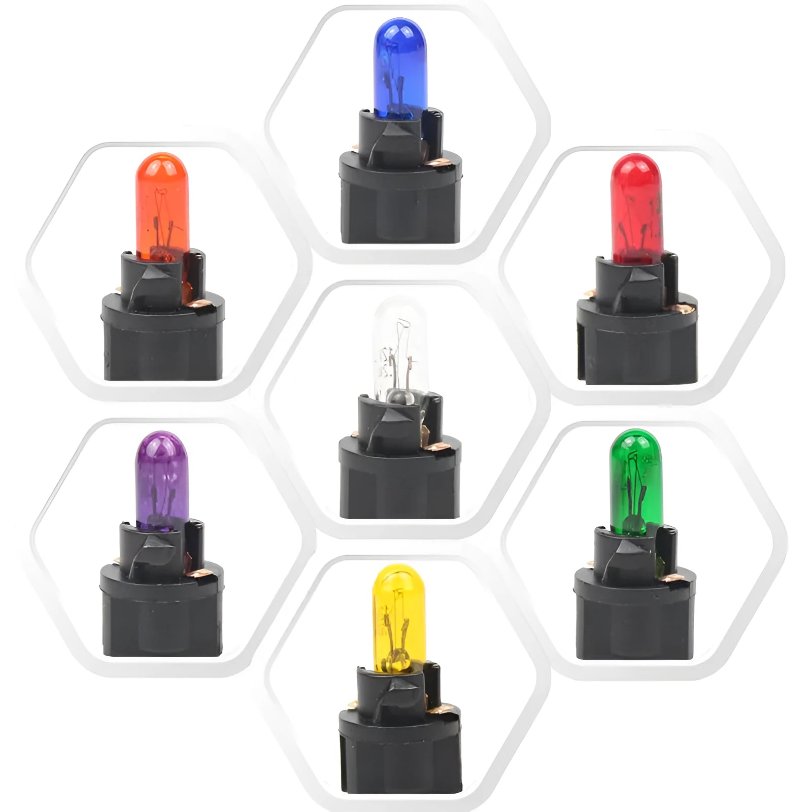 T5 12V 1.2W car dashboard indicator light bulb in multiple colours on white background.