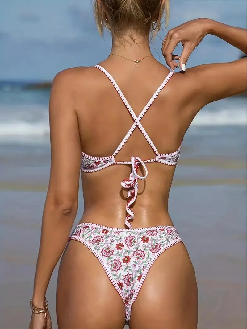 Women's V-neck swimsuit with floral embroidery print in quick-drying polyester fabric