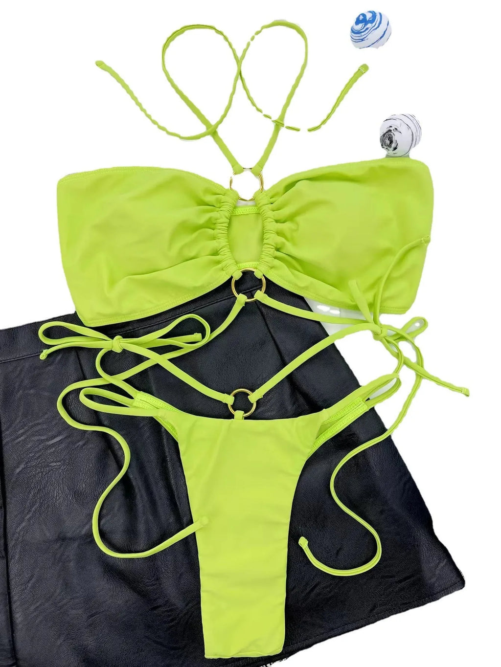 Yellow green women's lace-up triangle bikini swimsuit on white background