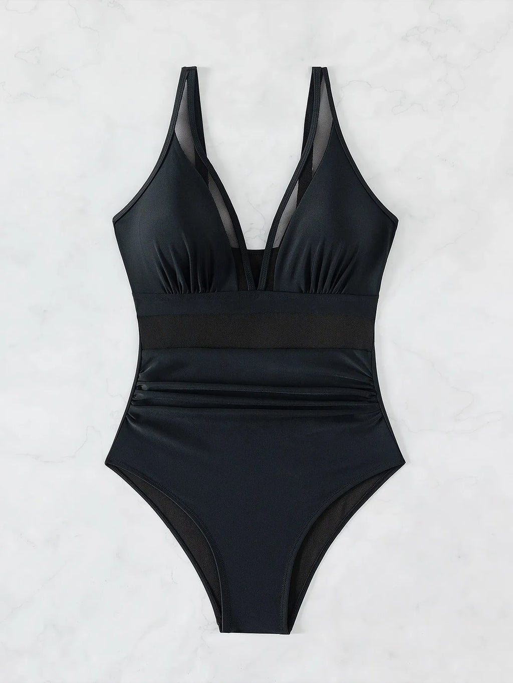 Black women's halter-neck one-piece swimsuit with mesh colour-block panels on mannequin.