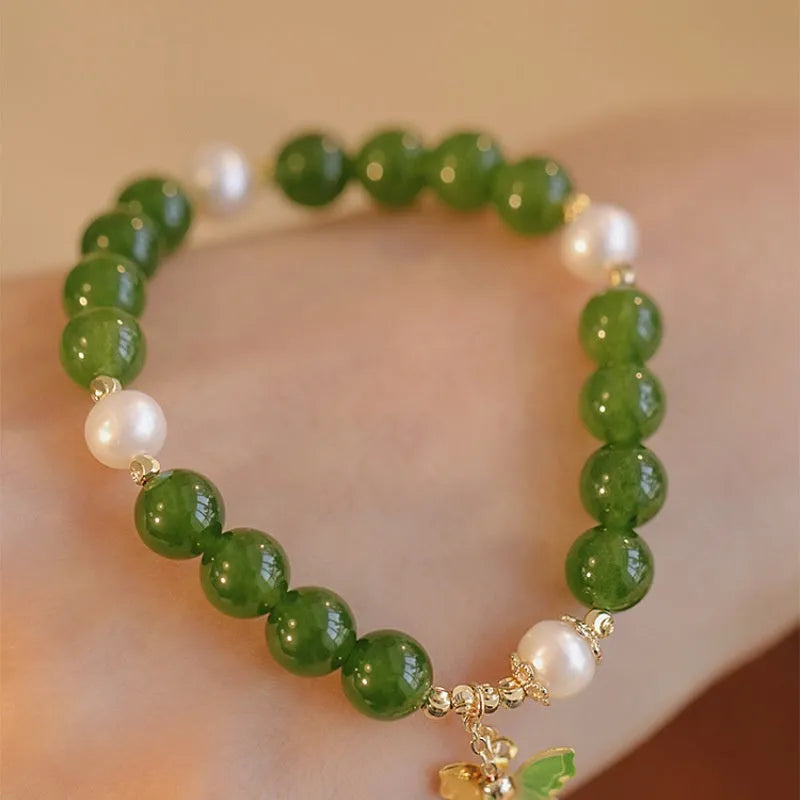 Natural green chalcedony geometric bracelet with round design elements for women