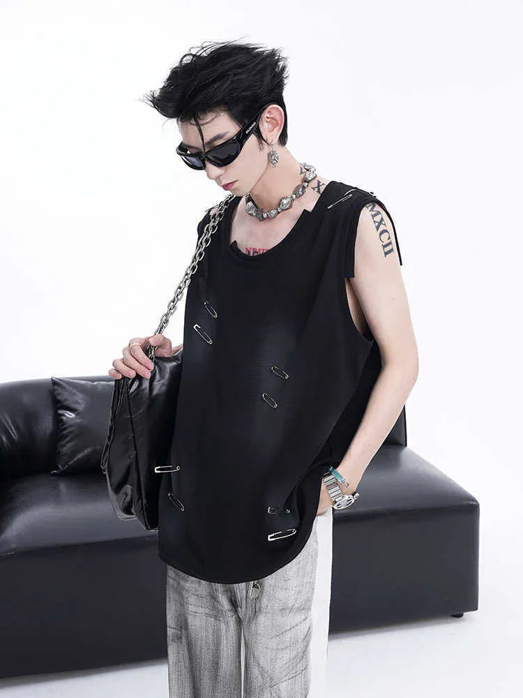 Men's black ripped cut vest waistcoat with irregular design and round neck collar