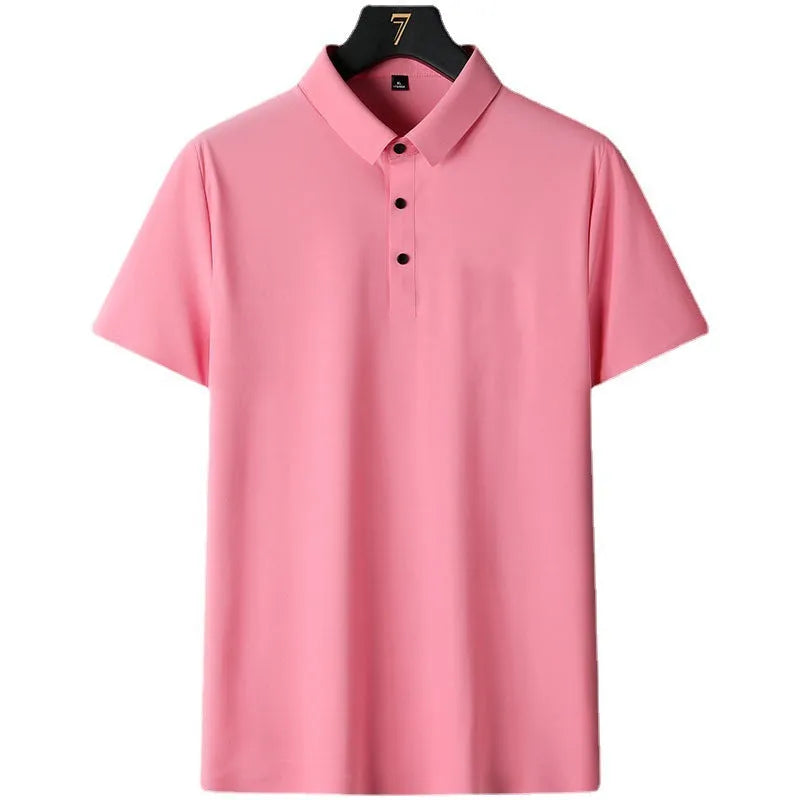 Men's non-iron short sleeve business casual shirt in navy blue on a hanger.