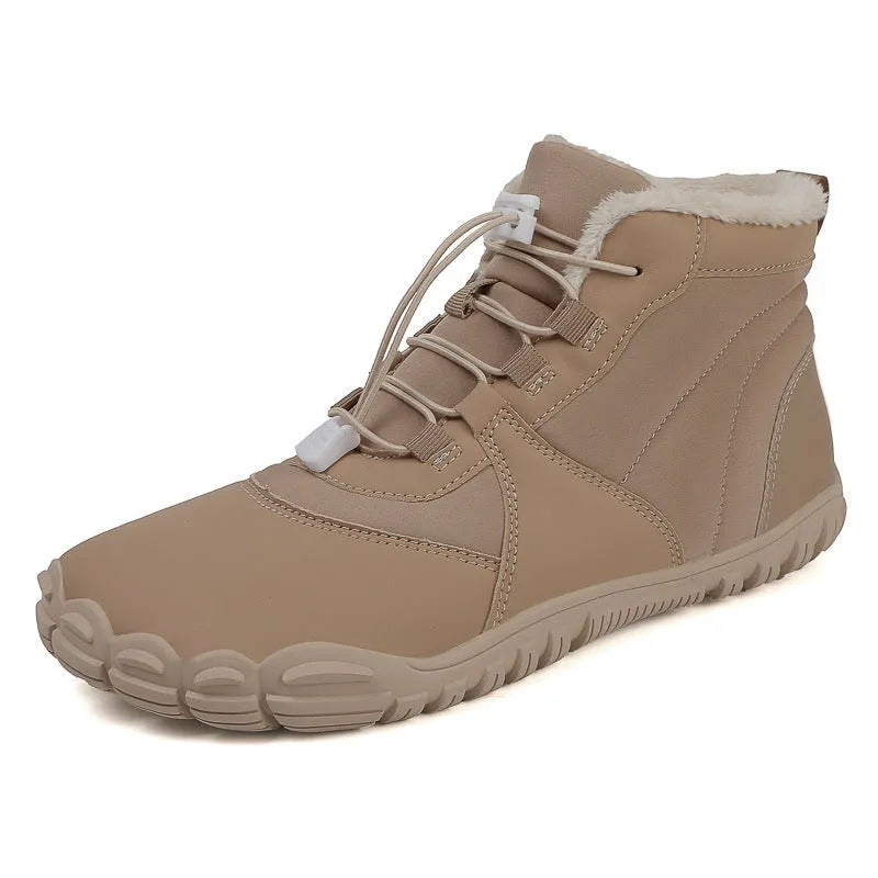 Round-toe unisex snow boots in black on a white background, showing front lace-up design and rubber sole.