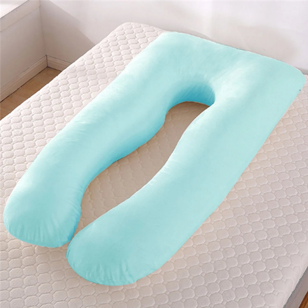 U-shaped pregnancy pillow in ice silk fabric shown in light blue colour, demonstrating its supportive shape.