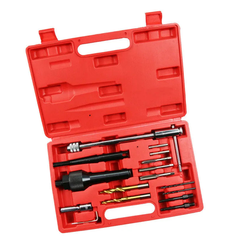 16-piece glow plug disassembly tool set in steel with red finish laid out on a surface
