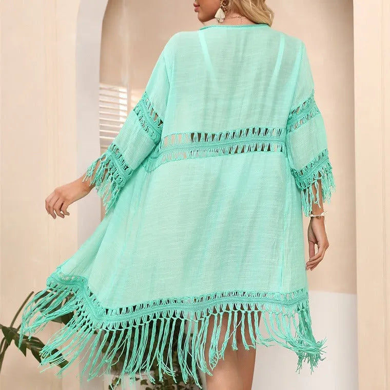 Yellow hand-crocheted acrylic beach cardigan with tassel stitching, loose fit for women's swim cover-up