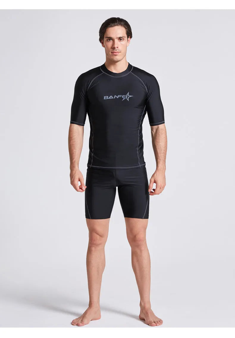 Men's quick-drying half sleeve nylon wetsuit top and pants for snorkelling and surfing