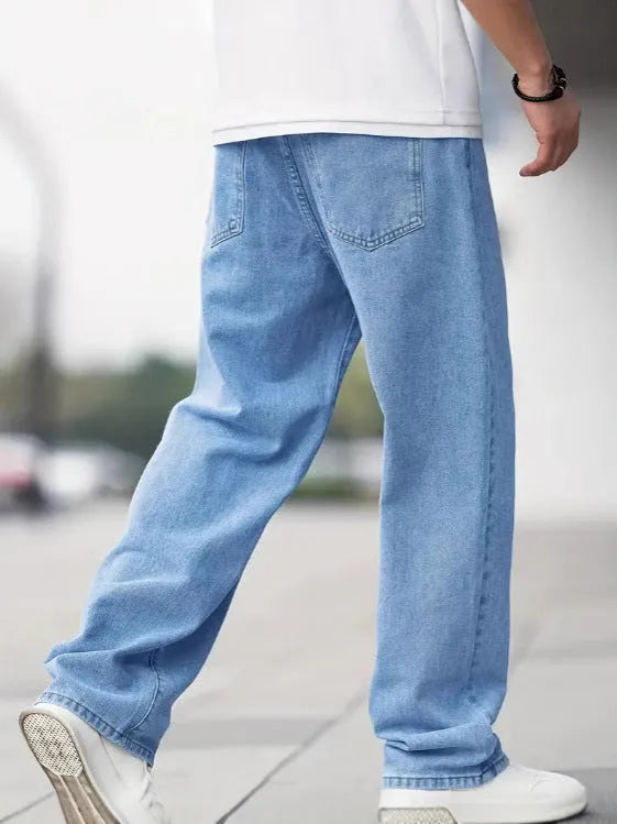 Men's sky blue denim loose straight casual trousers with zipper fly