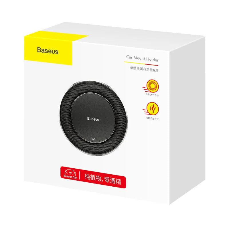 Aluminium alloy round car fragrance seat with aromatherapy tablets in black, red, or silver.