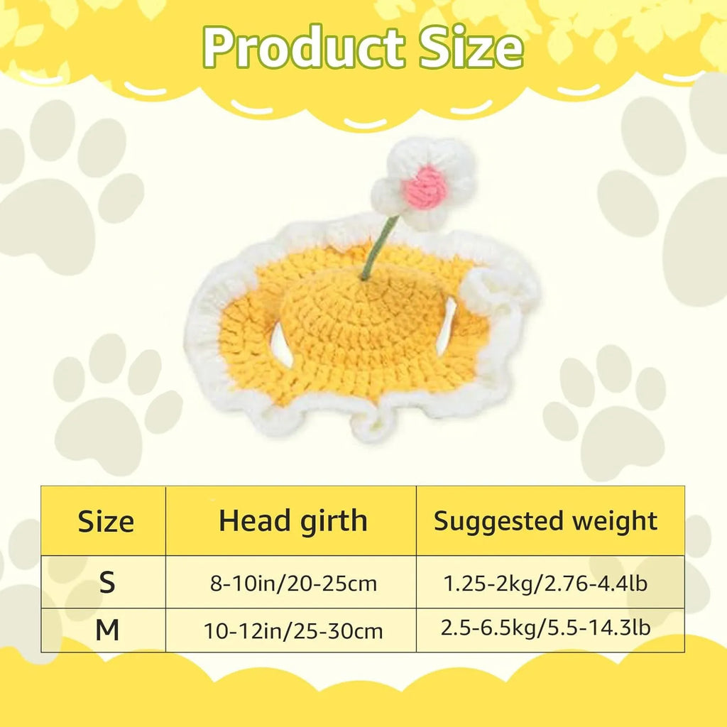 Knitted pet hat with cartoon design for cats and small dogs in green colour