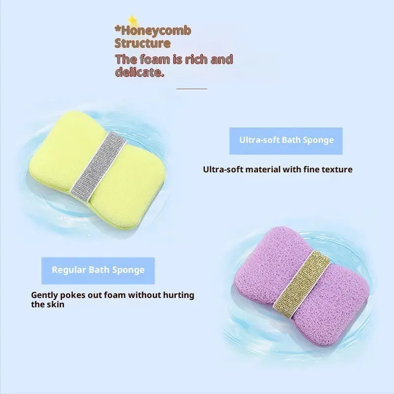 Soap bag bath sponge in hydrophilic polyurethane, 12x8.5x2cm, with foaming cotton, in Cherry Blossom Pink or Mango Yellow.