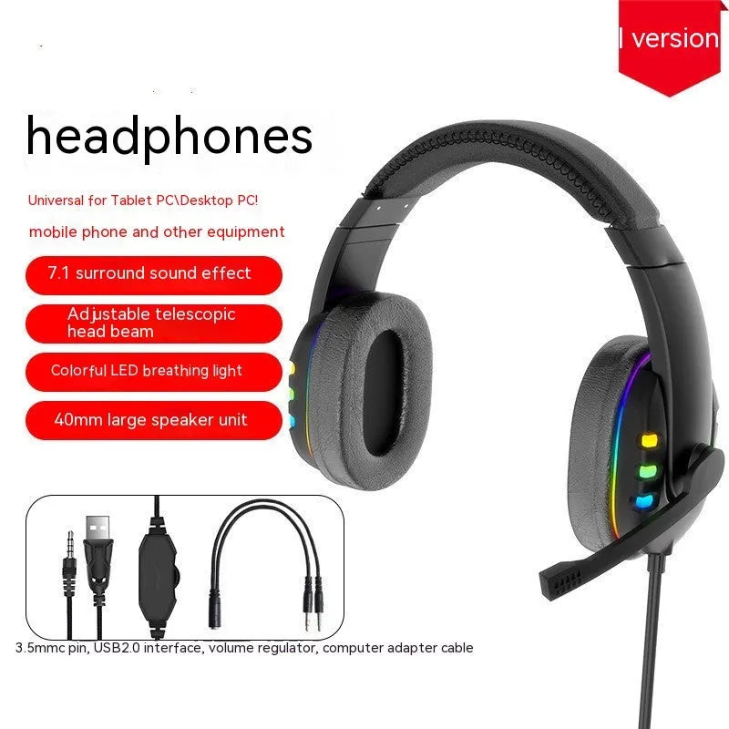 Black Colourful gaming headset with LED breathing light, sponge ear cushions, nylon cable, and omnidirectional microphone on a desk