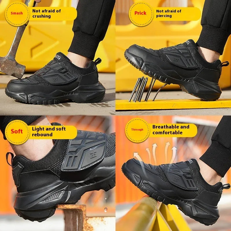Black low-top safety work shoes with a velcro buckle, featuring a steel toe cap and EVA sole.